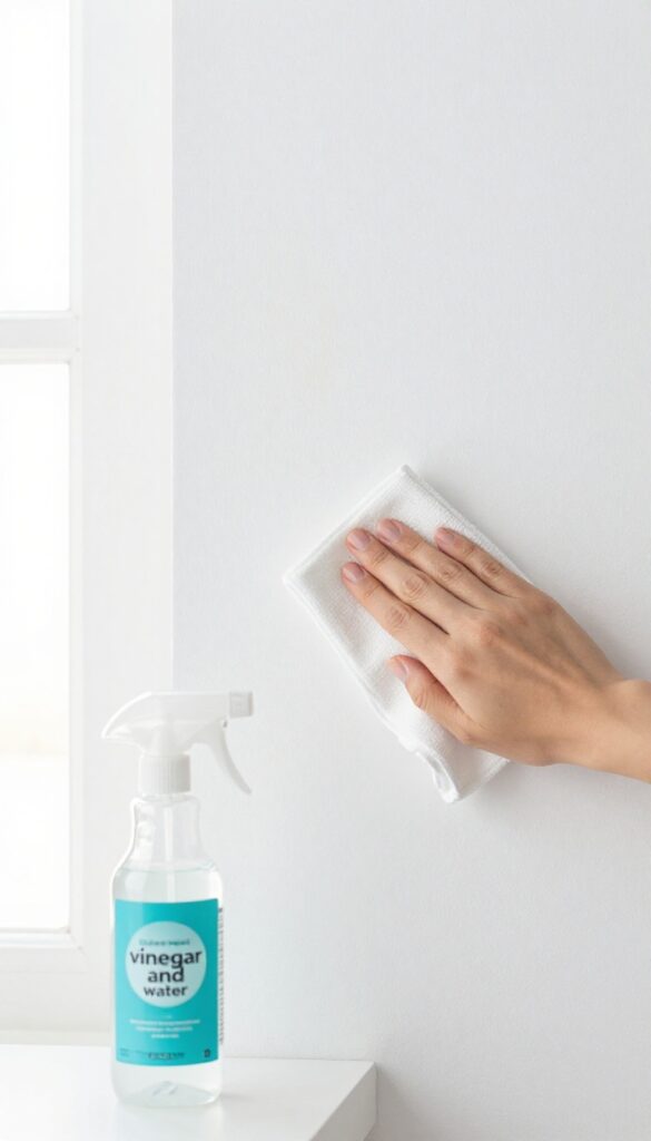 Person cleaning a wall with a white vinegar and water solution using a microfiber cloth