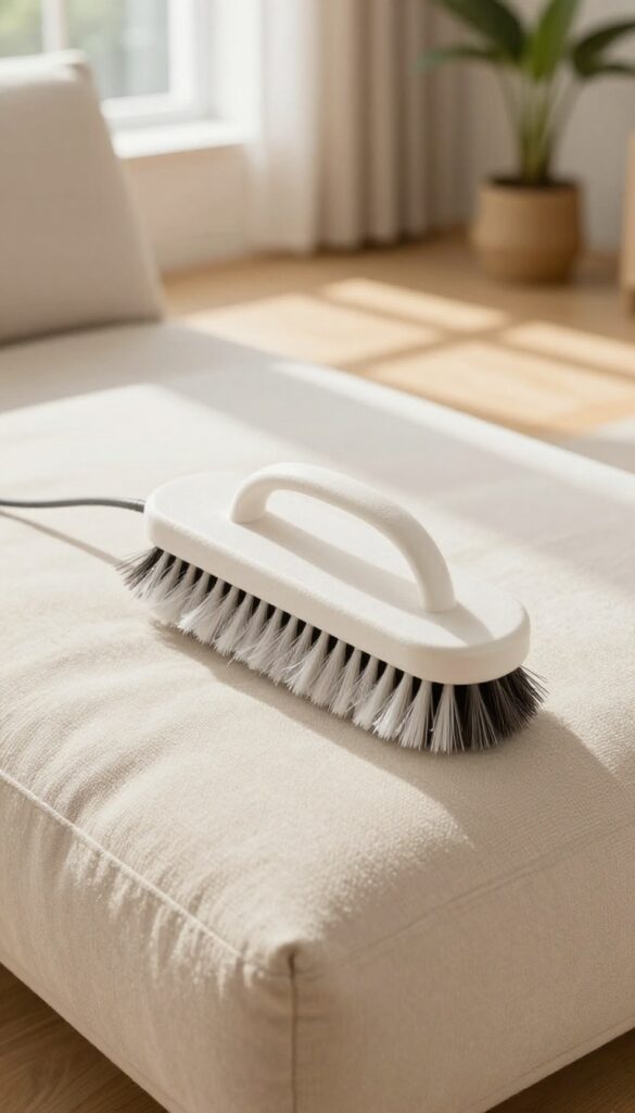 Soft brush restoring fabric texture on a clean microfiber couch cushion in natural light