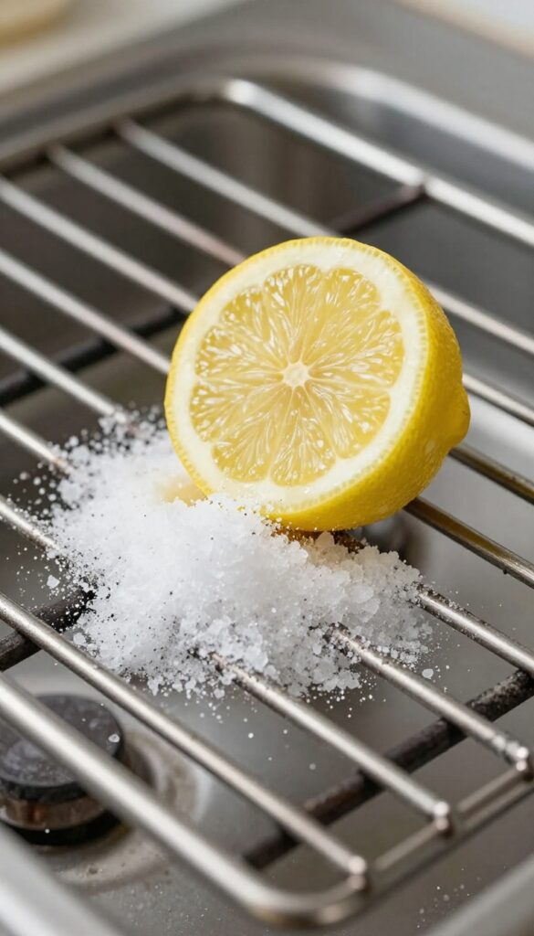 Cleaning stove grate with lemon and salt scrub