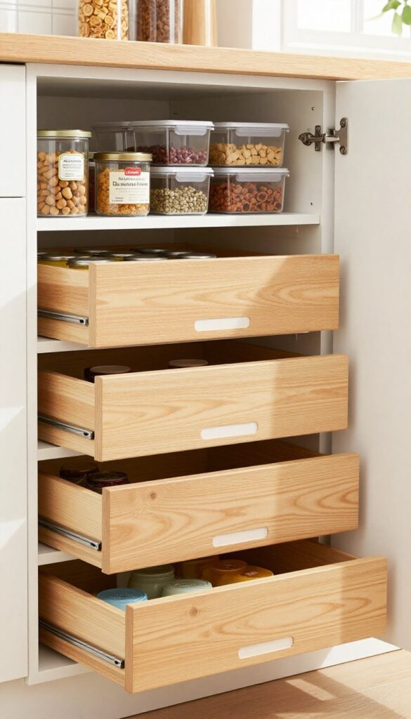 Pull-out drawers in deep pantry shelves with organized canned goods and spices
