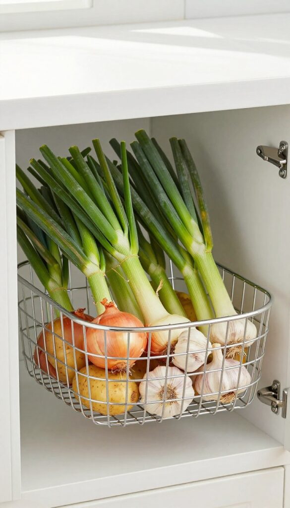 Over-the-door wire baskets filled with onions, potatoes, and garlic on a pantry door