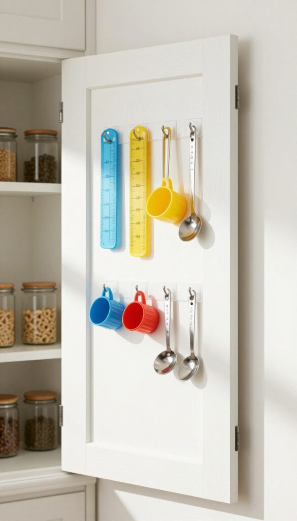 Inside of a pantry door with hooks holding measuring cups and spoons