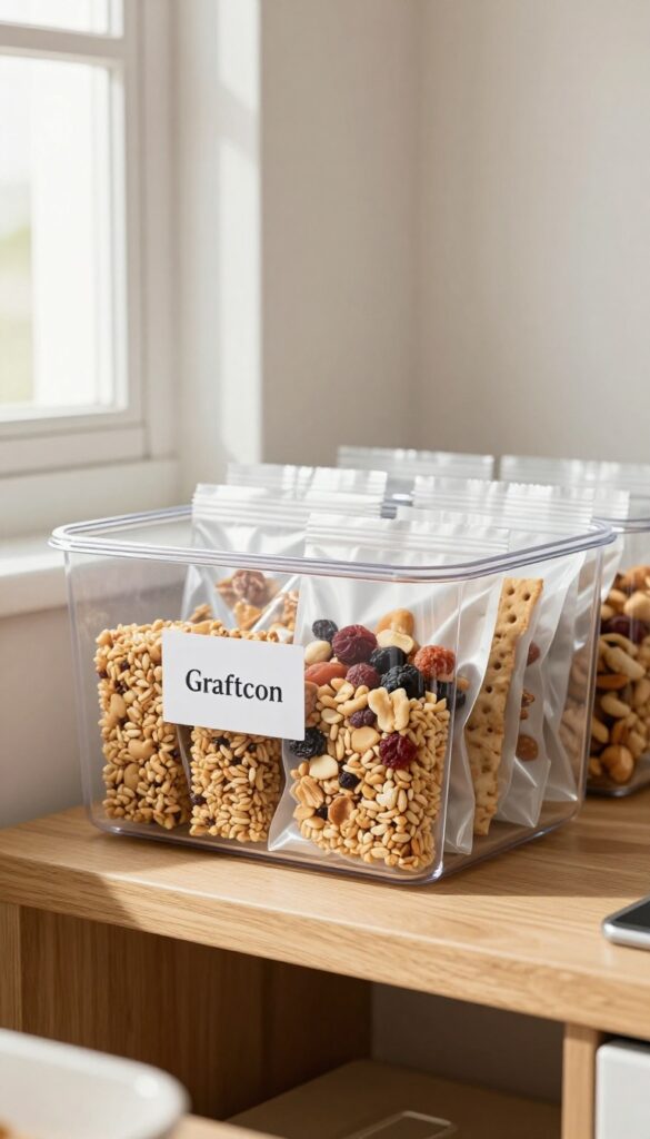 Organized snack bin in a clean kitchen pantry with clear containers and labels.