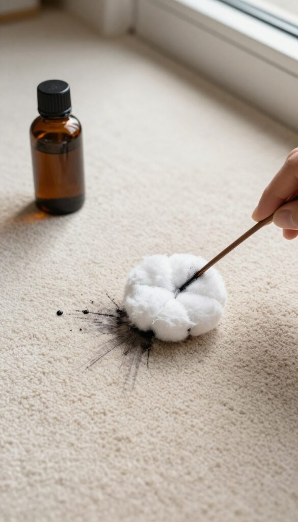 Blotting an ink stain on a carpet with rubbing alcohol and a cotton ball