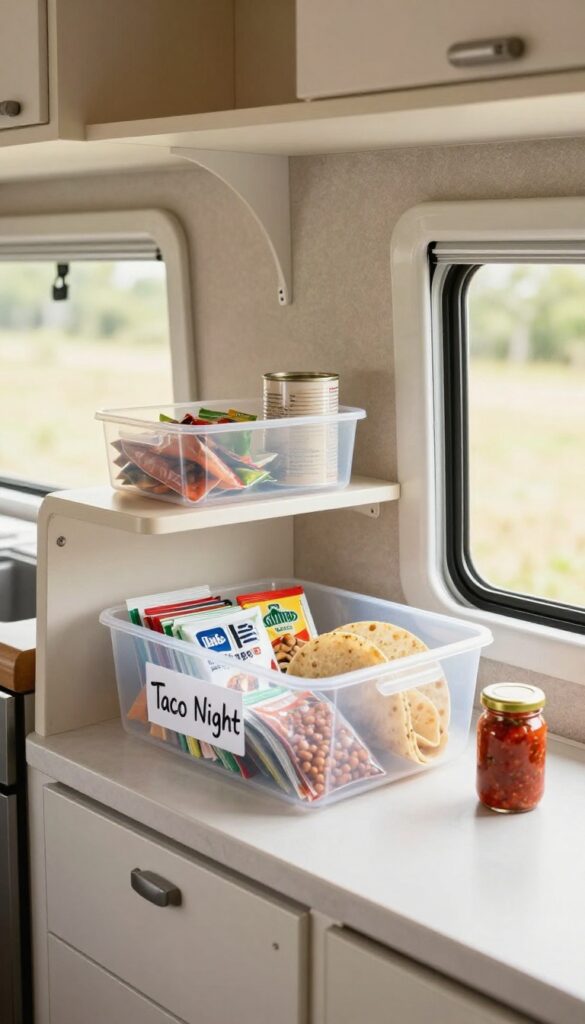 Clear plastic bin labeled Taco Night filled with taco seasoning, beans, tortillas, and salsa on a camper van counter