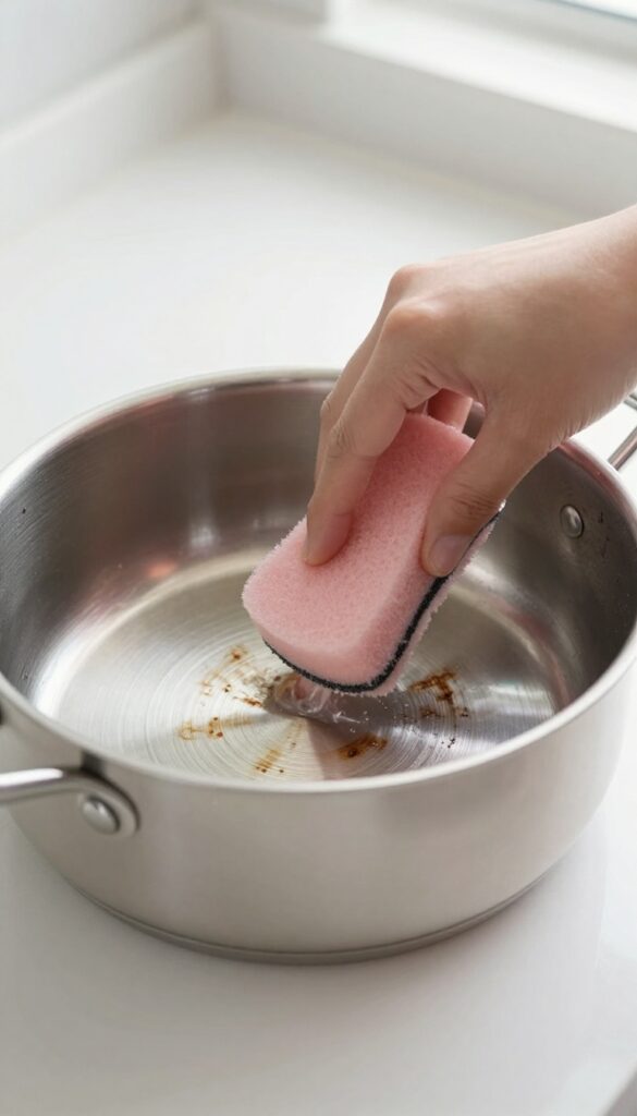 Cleaning burnt pot bottom with pink restoration paste and sponge