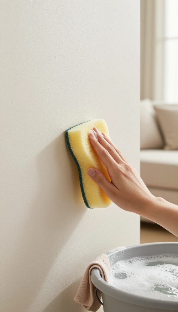 Gentle dish soap and water mix for cleaning walls with sponge and bucket