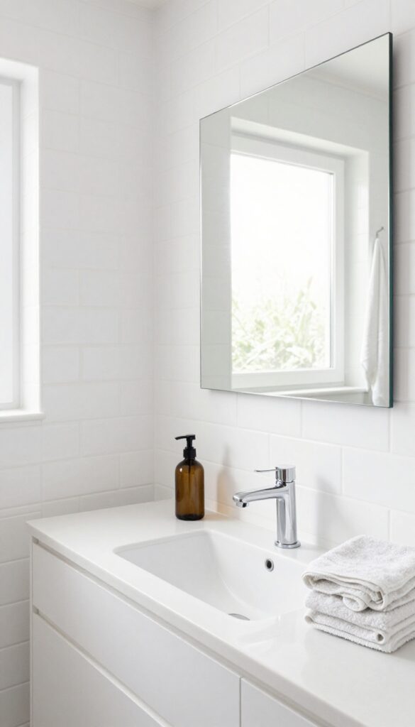 A clean and organized bathroom with a sink, mirror, and cleaning supplies, ready for a quick midweek wipe-down.