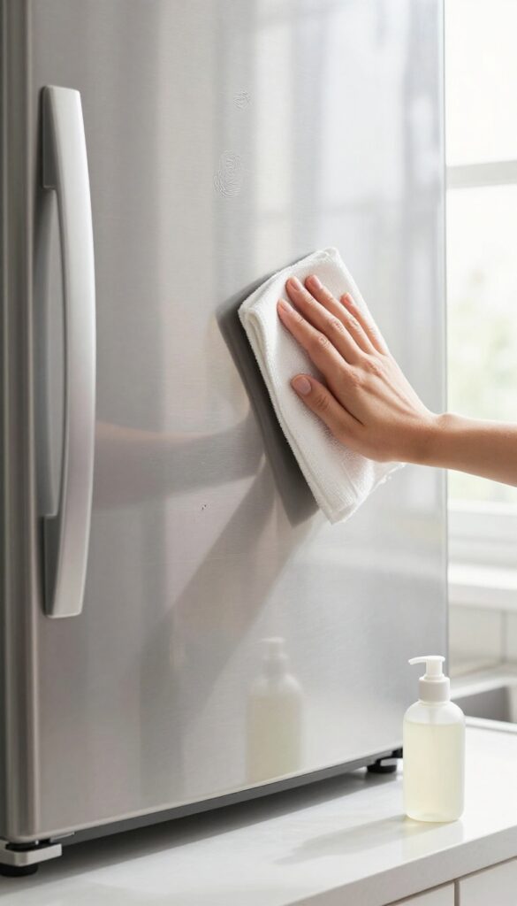 Hand wiping fingerprints off stainless steel fridge with baby oil and microfiber cloth
