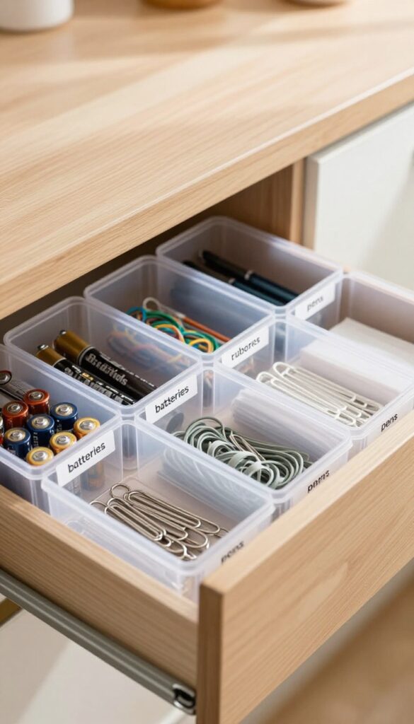 Organized kitchen drawer with labeled compartments containing small items like batteries, rubber bands, and pens.