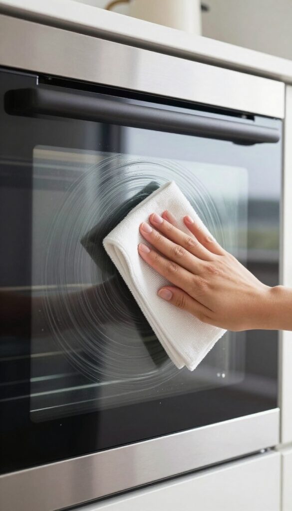 Wiping oven glass door with a damp microfiber cloth