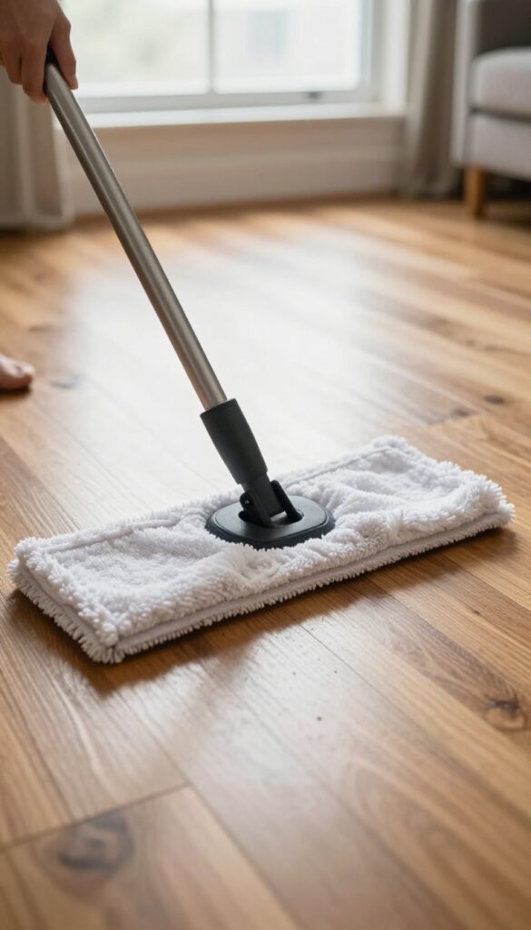 Person using a dry microfiber mop on a shiny hardwood floor in a bright, clean living room