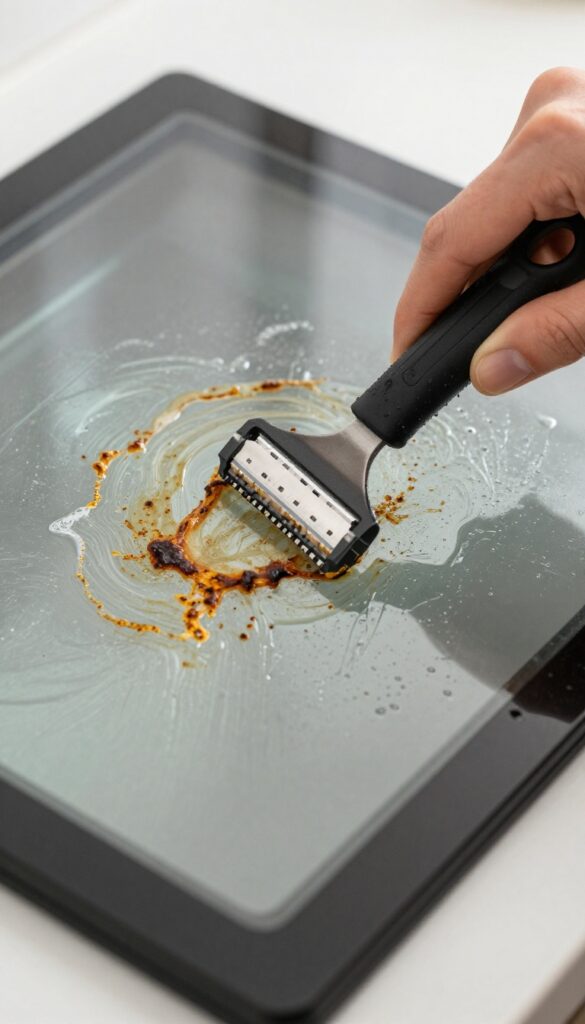 Hand using razor blade scraper on wet oven door glass to remove baked-on gunk