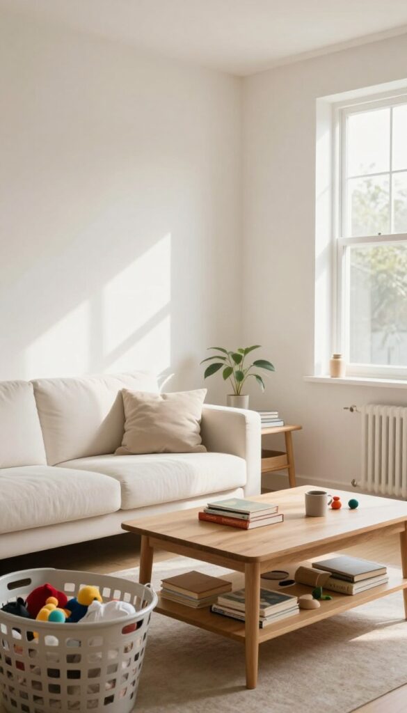 A sunlit living room with a laundry basket full of clutter on the floor, symbolizing a quick declutter sprint before cleaning.
