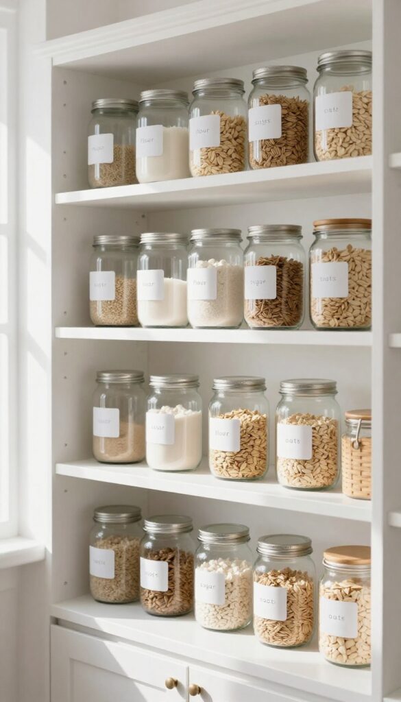 Open pantry shelves with labeled glass jars and baskets, double-labeling system on containers and shelf edges, clean and organized kitchen design.