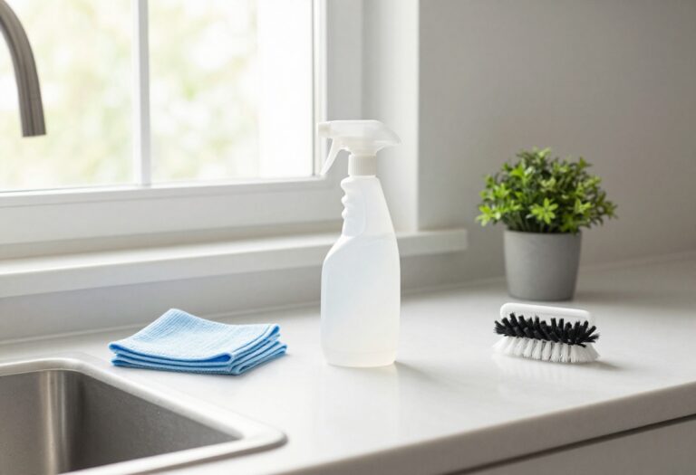 A collection of essential cleaning supplies arranged on a clean kitchen countertop