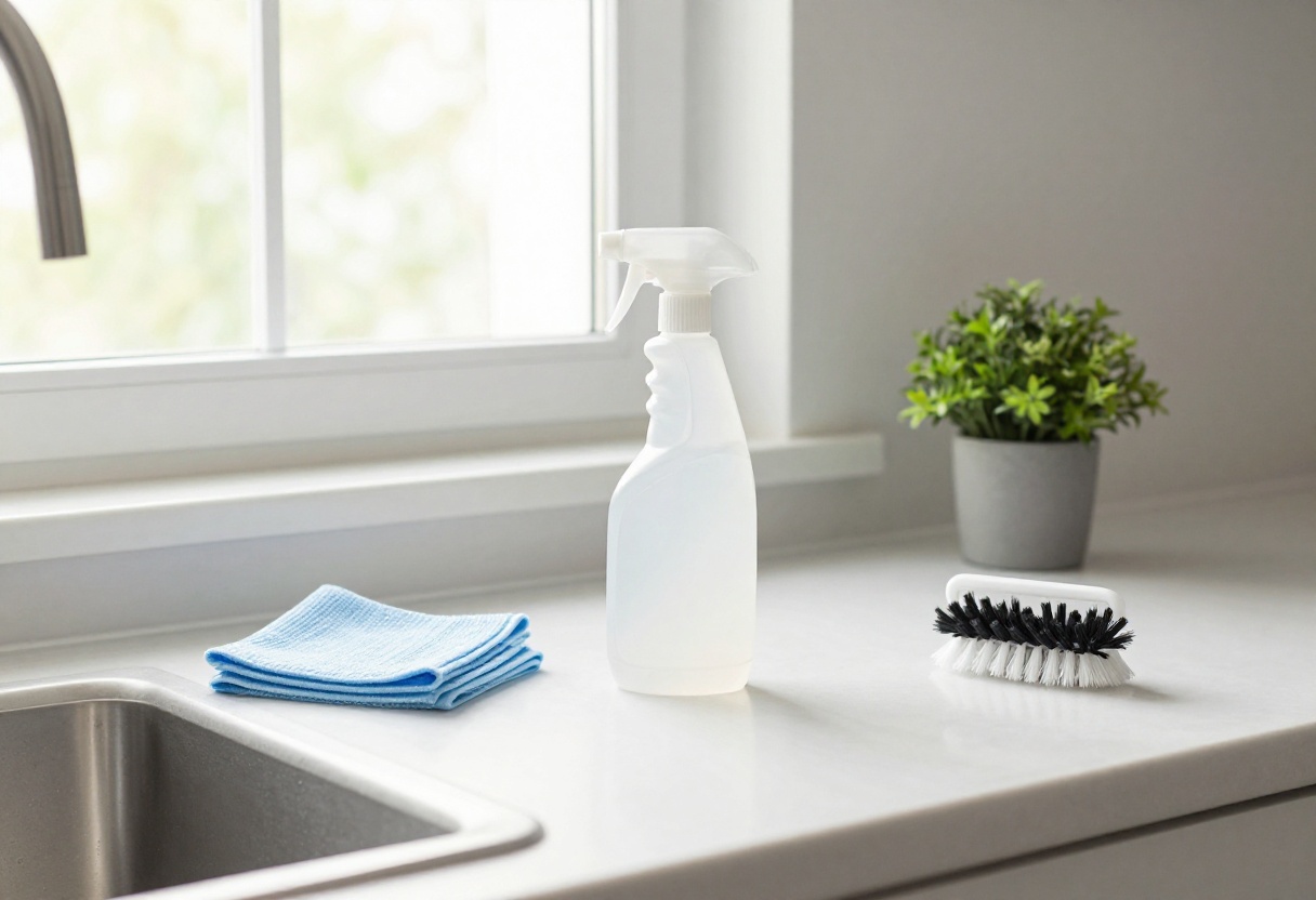 A collection of essential cleaning supplies arranged on a clean kitchen countertop