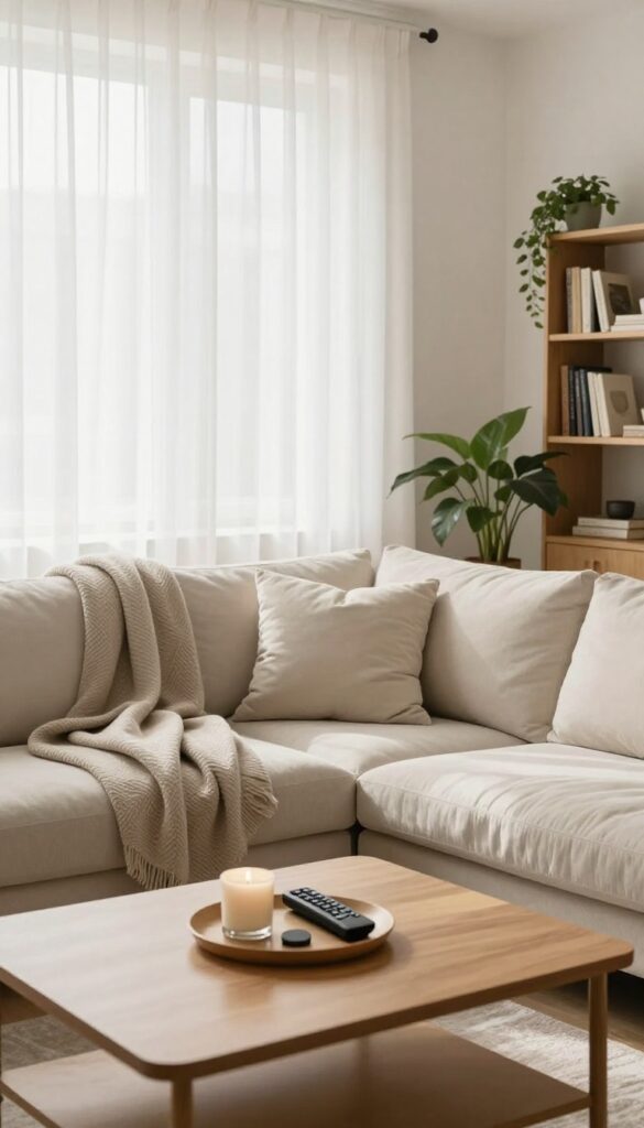 A cozy, organized living room with natural light, a tidy coffee table, and neatly arranged pillows and blankets.