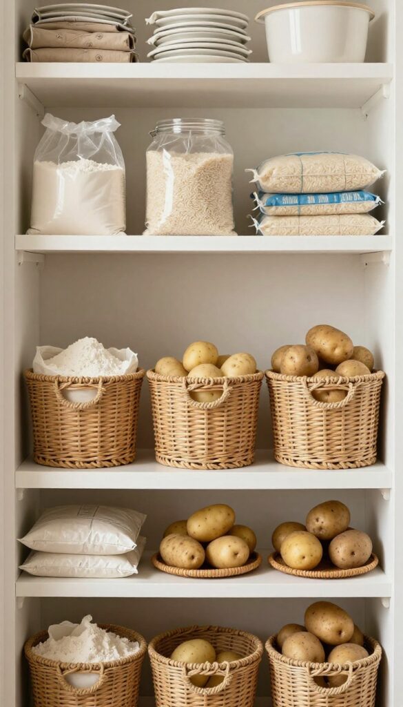 Woven baskets with handles on a lower pantry shelf, filled with flour, rice, and potatoes, in bright natural light.