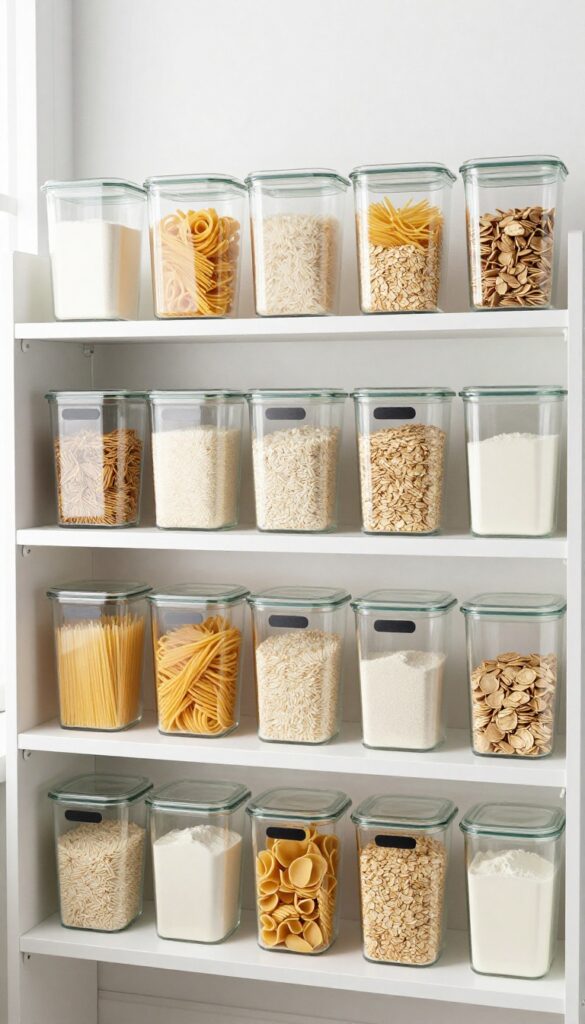 Organized pantry shelf with clear square containers holding dry goods, neatly stacked and labeled.