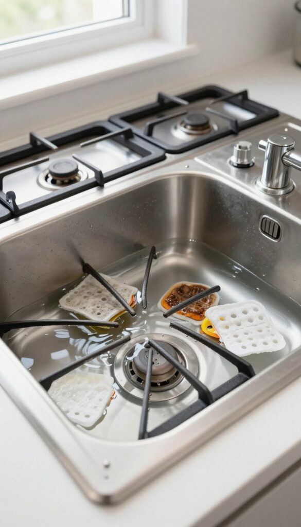 Gas stove grates soaking in hot water with used dryer sheets in a kitchen sink