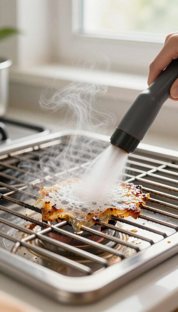 Steam cleaning stove grate with handheld steam cleaner