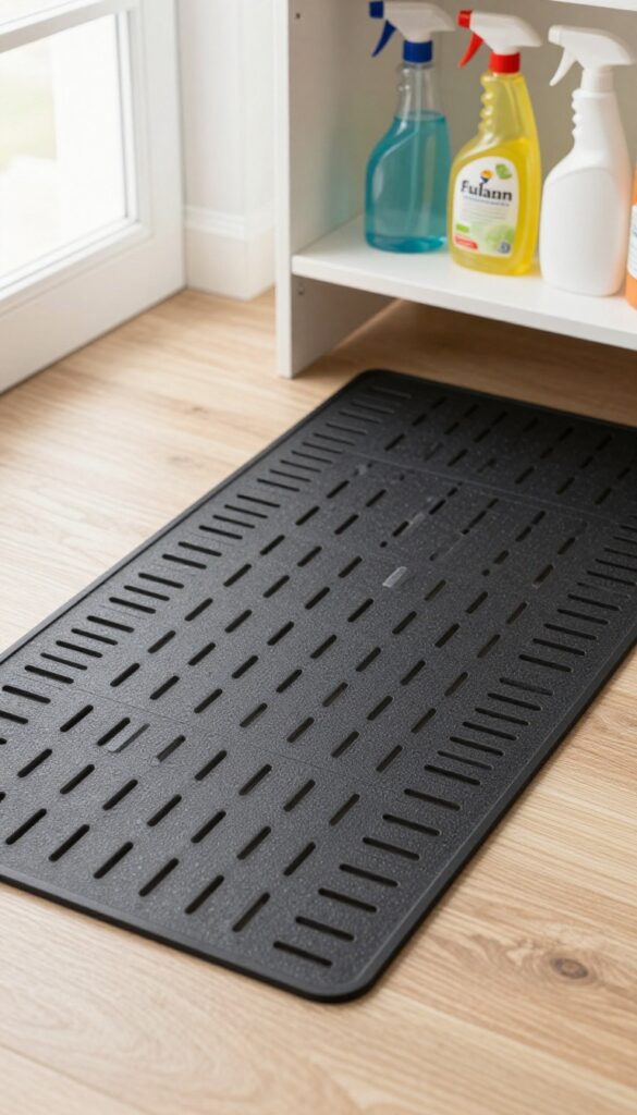 Rubber mat with drainage holes on pantry floor, catching drips from bottles on a shelf above