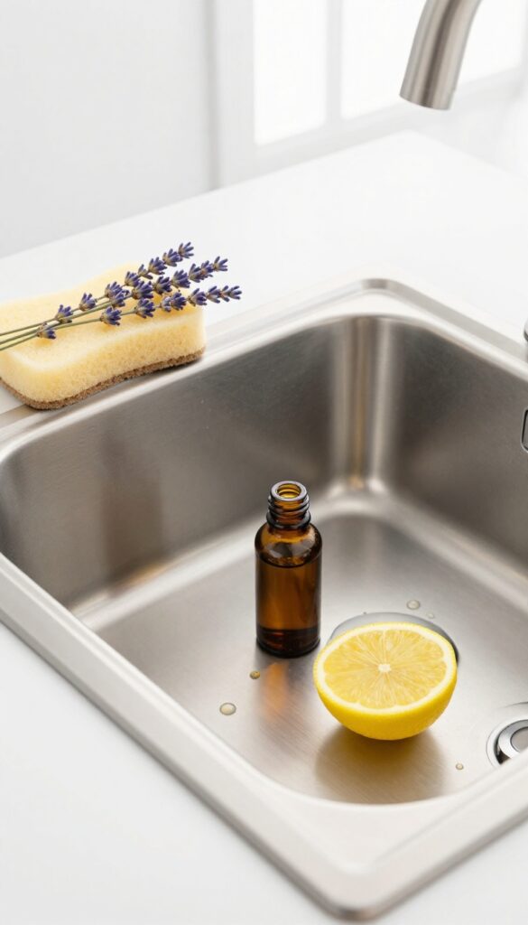 Stainless steel sink with essential oils, lemon, and lavender for natural deodorizing