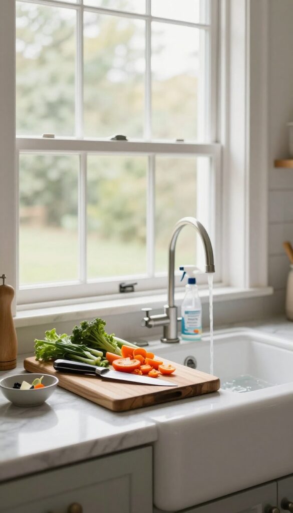 Clean kitchen counter with meal prep ingredients and cleaning supplies, embodying the meal prep and kitchen clean combo.