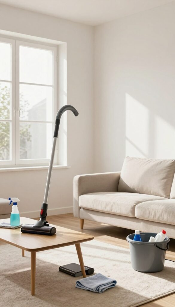 Alternating deep and light cleaning weeks concept showing light maintenance and deeper cleaning tasks in a bright living room