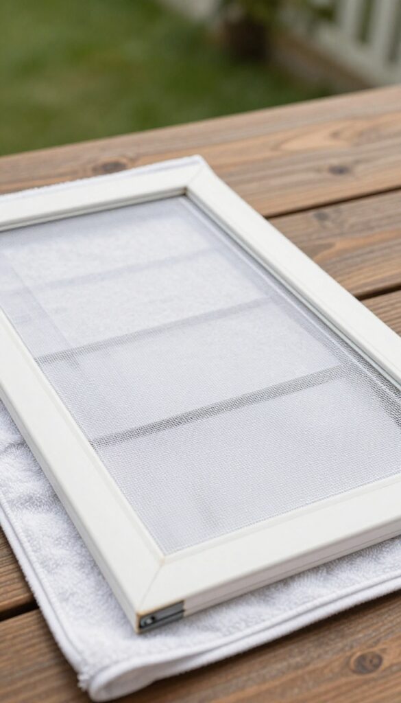 Window screen resting on a soft towel on a flat surface, ready for cleaning.