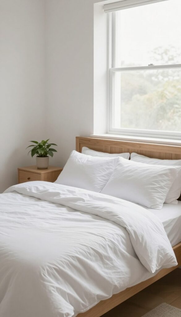 A neatly made bed in a sunlit bedroom, with white linens and a gray duvet, creating a clean and tidy look.