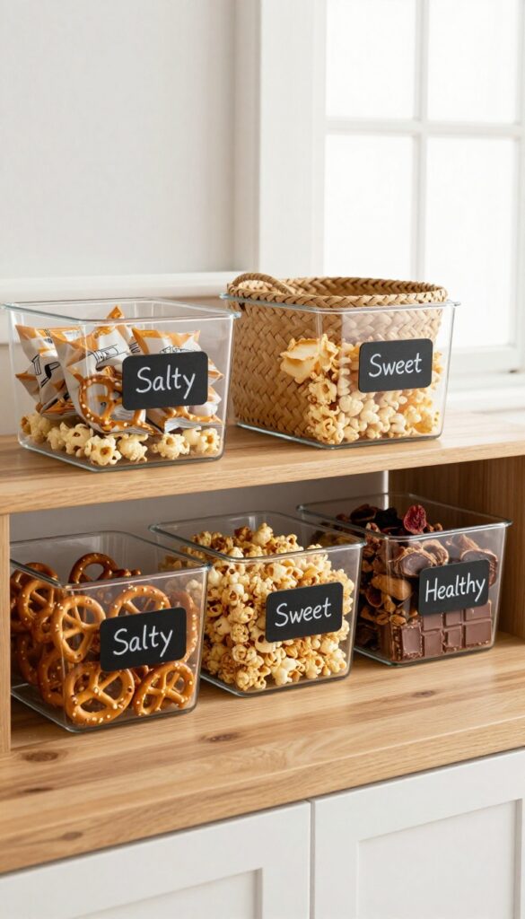 Organized pantry shelf with labeled clear baskets for snacks: Salty, Sweet, Healthy.