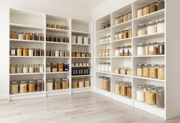 Organized pantry with pull-out floor bin and neatly stocked shelves