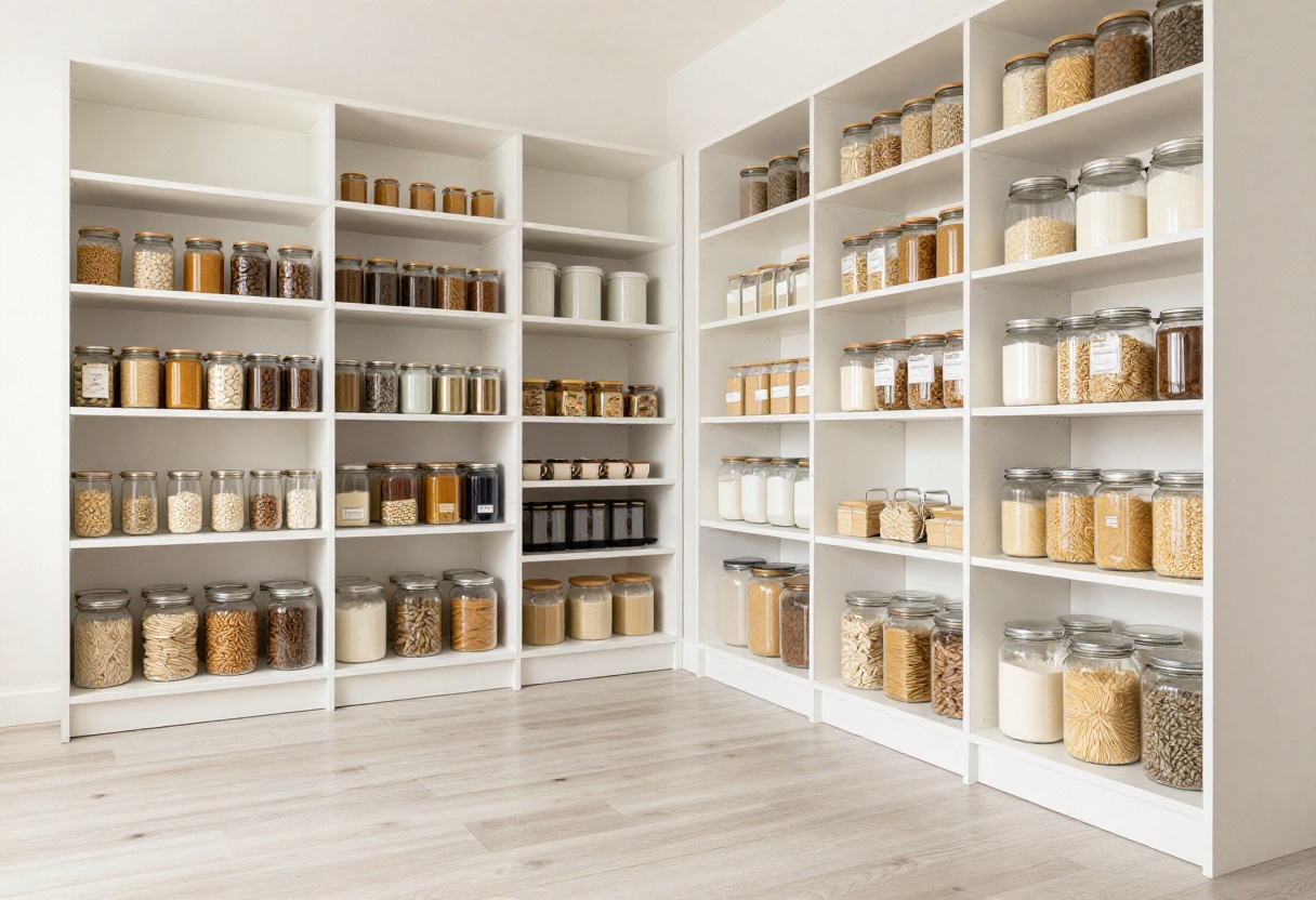 Organized pantry with pull-out floor bin and neatly stocked shelves