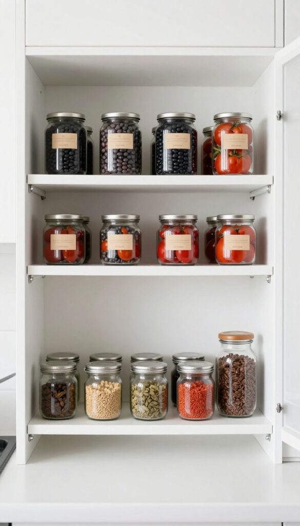 Adjustable shelf risers in a pantry organizing cans and jars into two visible tiers