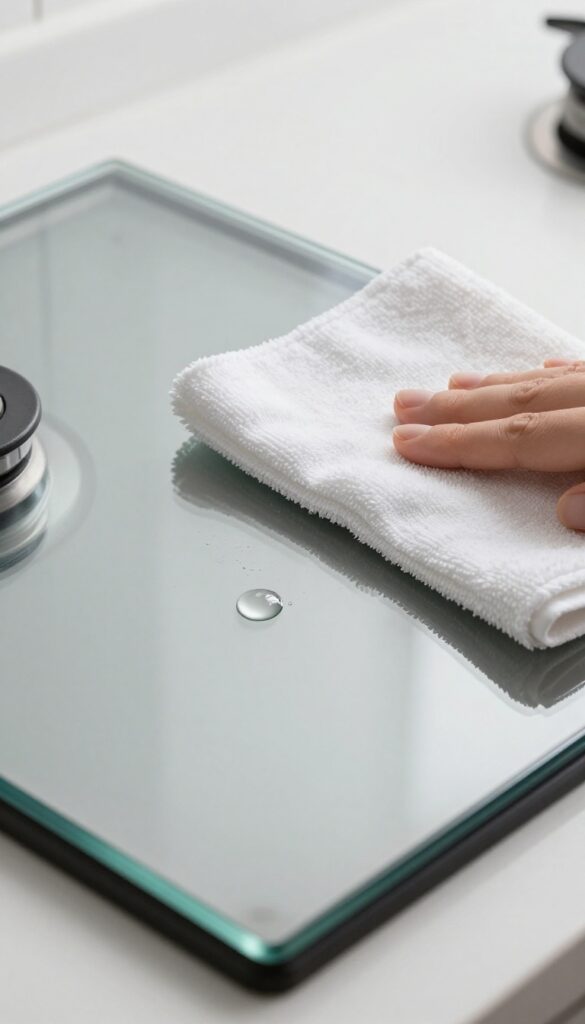 Applying a dedicated glass cooktop cleaner to a clean glass stove top with a soft cloth.