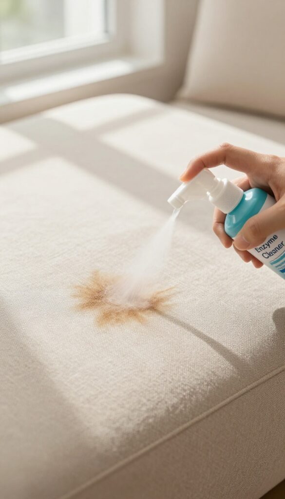 Enzyme cleaner being sprayed on a pet urine stain on a beige couch cushion