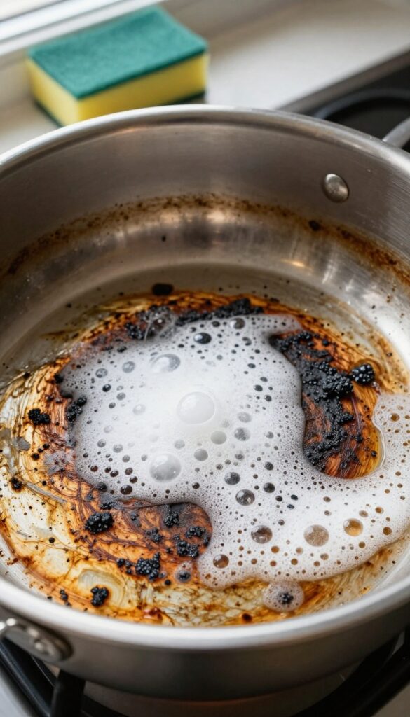 Baking soda and vinegar fizz cleaning burnt pan bottom