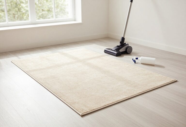 Clean beige rug in a sunlit living room with cleaning supplies