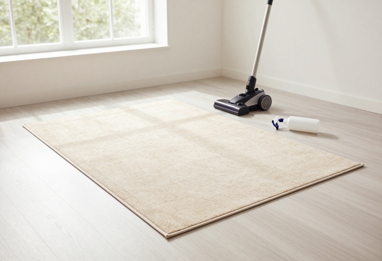 Clean beige rug in a sunlit living room with cleaning supplies
