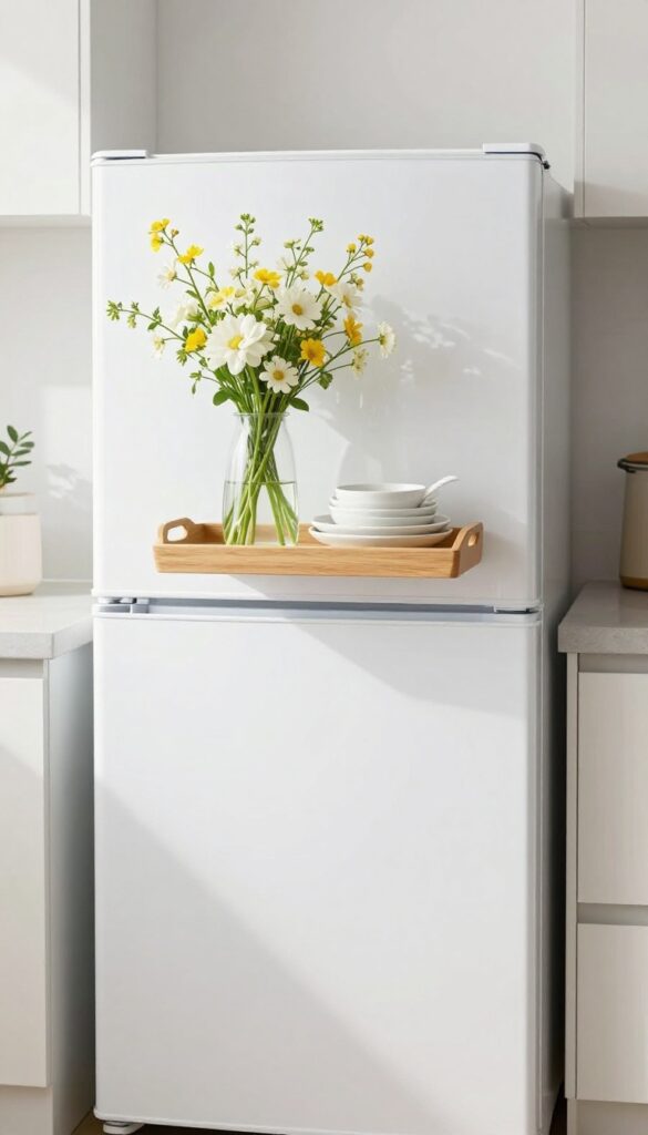 Top of fridge organized with seasonal decor and serveware on a tray