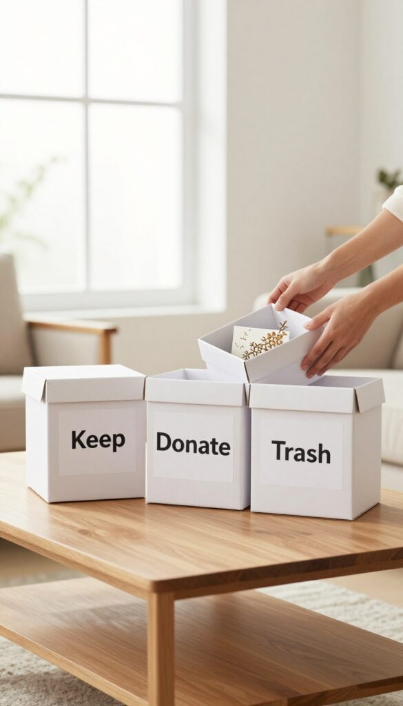 A clean living room with three labeled boxes for decluttering, keep, donate, and trash, on a coffee table.