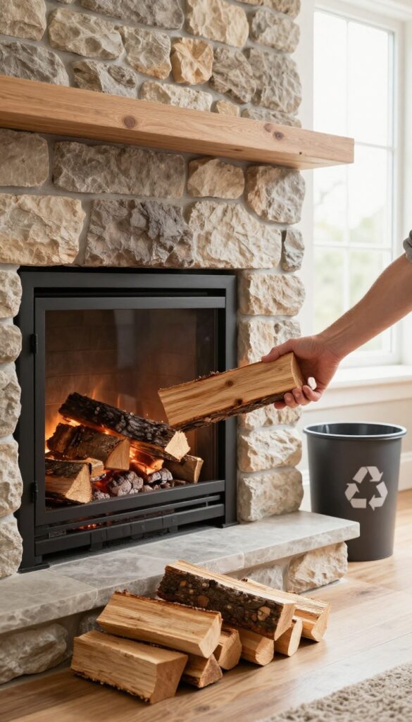 Hand holding seasoned firewood near a clean fireplace with a stack of logs and a recycling bin, emphasizing proper burning materials.