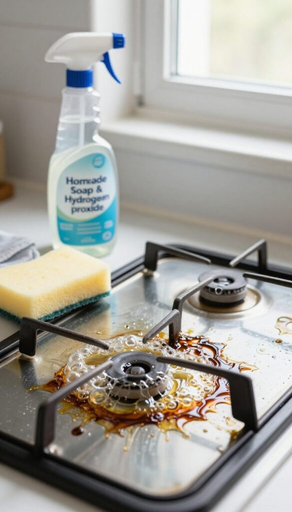 Homemade cleaner of dish soap and hydrogen peroxide bubbling on a greasy glass stovetop