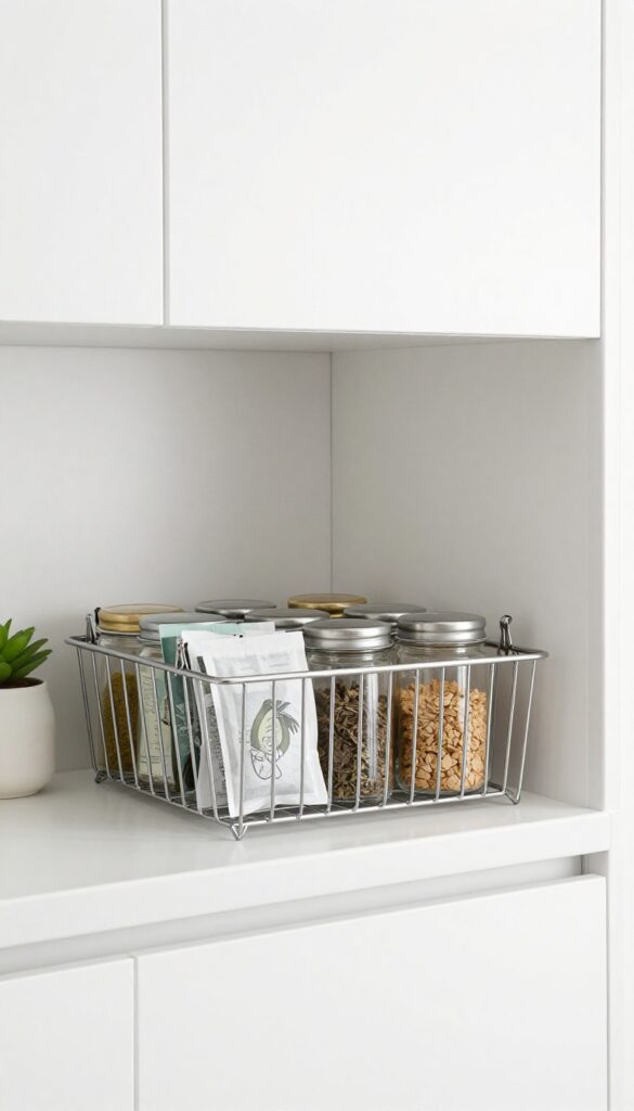 Under-shelf basket clipped to upper cabinet shelf holding spices and tea bags in a bright, organized kitchen