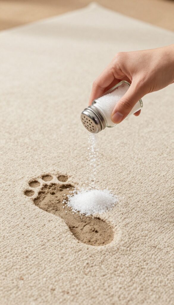 Hand sprinkling salt on a dried mud footprint on a beige rug