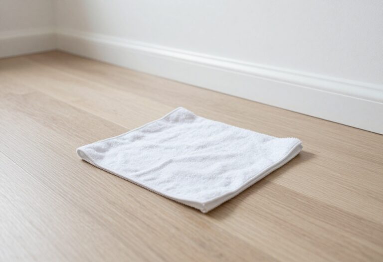 Clean white baseboards with a microfiber cloth nearby, showing a dust-free surface.