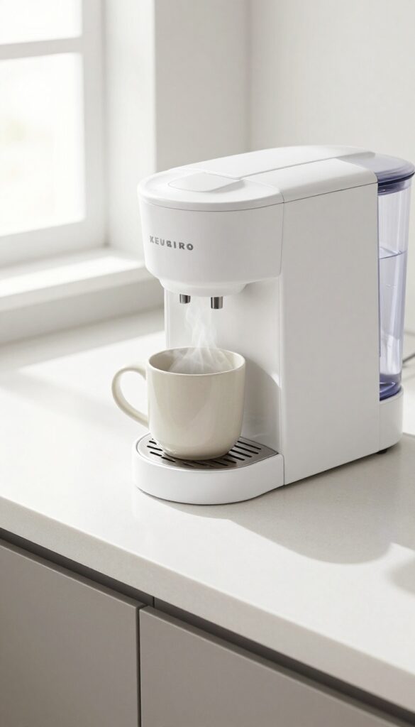 Keurig coffee maker with fresh water in reservoir and a mug on drip tray, steam rising, bright natural light