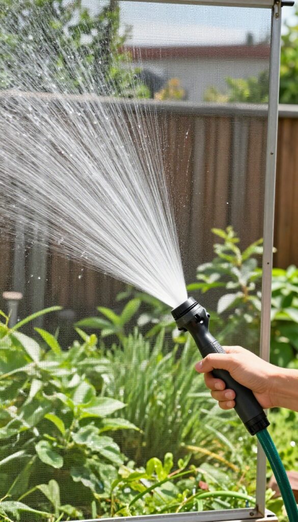 Person rinsing a window screen with a garden hose, water flowing gently over the mesh
